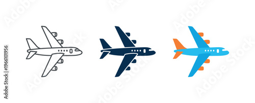 Collection of airplane icons in different styles for travel and aviation themes