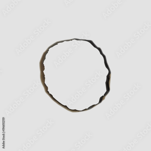 Paper burnt hole frame, vector charred thin line overlay effect, burned paper round border with fire scorched edge, ash