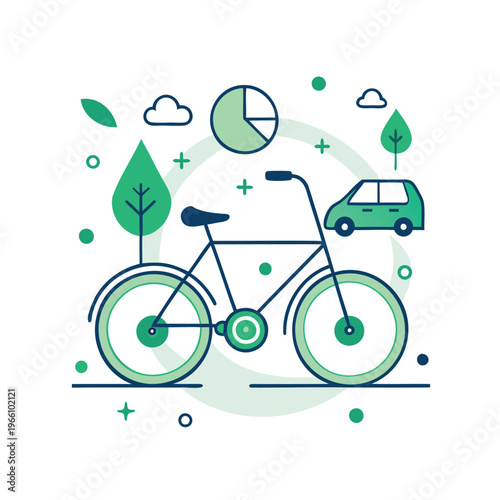Eco-friendly transportation combining bicycle and car in a green-themed illustration