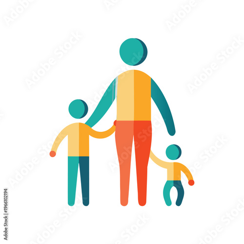 A family of three holding hands walking together in a colorful illustration.
