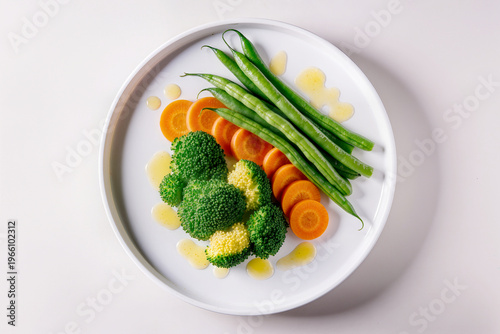 Plate of steamed vegetables: broccoli, carrots and green beans with olive oil on a white background