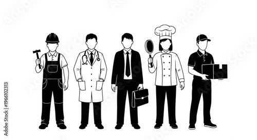 1 may, may day, Labor day icons representing international workers, diverse professions doctor businessman chef group silhouette, vector