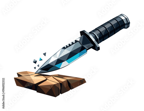 Low-poly vector illustration of a survival knife poised just above a wooden surface before carving, faceted blade tip hovering