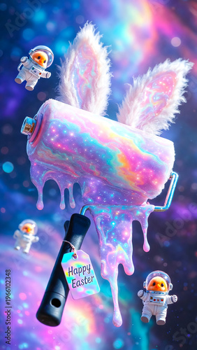 Surreal Cosmic Easter Illustration Featuring a Nebula Paint Roller with Bunny Ears and Cute Baby Chicks in Astronaut Suits Floating in Space