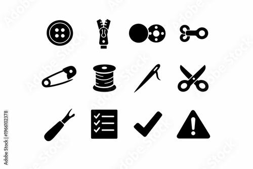 Sewing and tailoring black icons set: button, zipper, needle, scissors, checklist