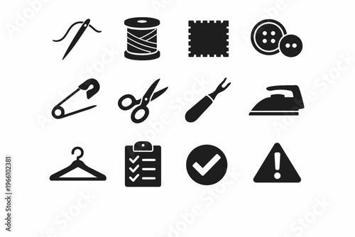 Sewing and tailoring tools: needle, thread, buttons, scissors, iron icon set