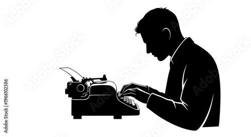1 may, may day, Labor day icons representing international workers, silhouette of a writer typing on an old typewriter, vector