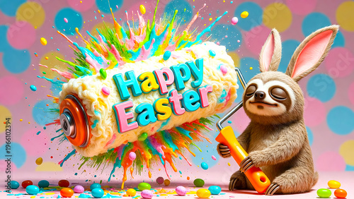 Whimsical Easter Illustration Featuring a Smiling Sloth Wearing Rabbit Ears Holding a Large Paint Roller with Happy Easter Text Amidst a Vibrant Paint and Sprinkle Explosion