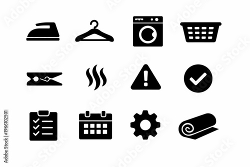 Laundry icon set: iron, hanger, washer, basket, peg, steam, caution, checklist, gear