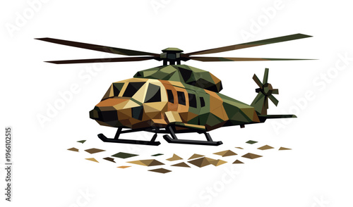Low-poly vector illustration of a rescue helicopter holding steady after reaching a hover, faceted fuselage centered with crisp