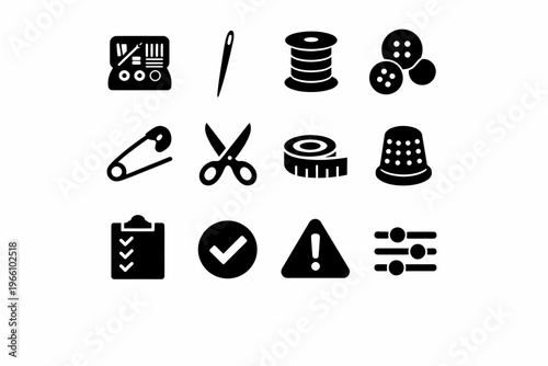 Sewing and tailoring icon set: tools and safety symbols