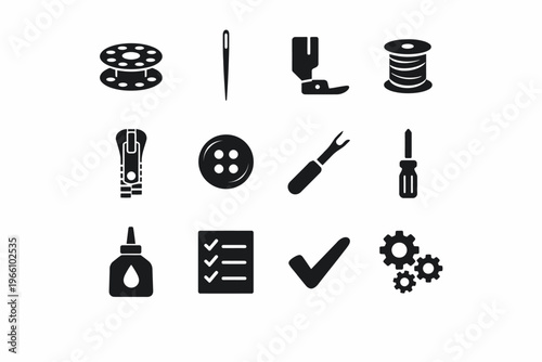 Sewing and crafting icons: needle, thread, button, tools, checklist, gear