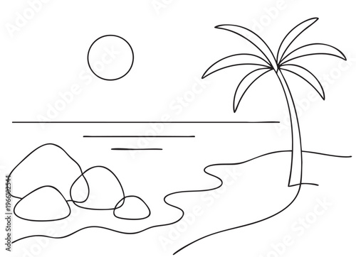 Doodles one line sketch primitive drawn summer beach landscape