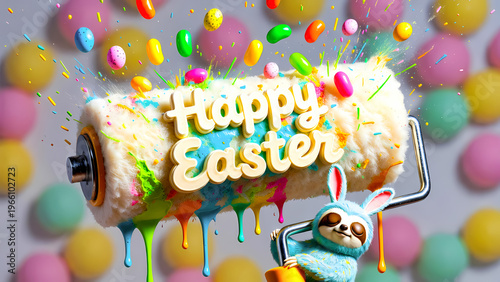 Whimsical Easter Illustration Featuring a Cute Blue Sloth in Bunny Ears Holding a Large Furry Paint Roller with Happy Easter Lettering and Flying Candy Sprinkles