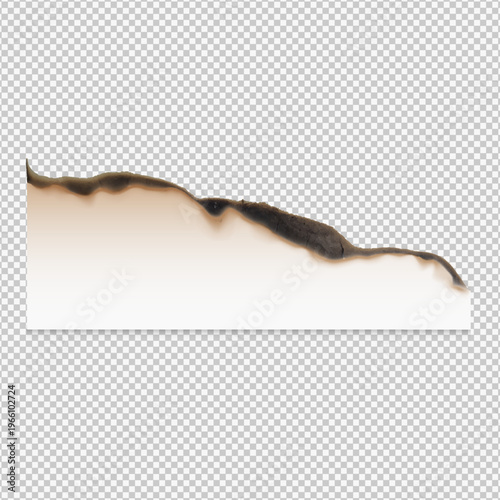 Piece of paper with a burnt edge, paper burnt with charred side, vector realistic cardboard sheet with black ash