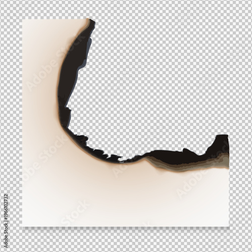 Paper burnt piece with charred corner edge, cardboard sheet side with ash realistic vector on transparent background