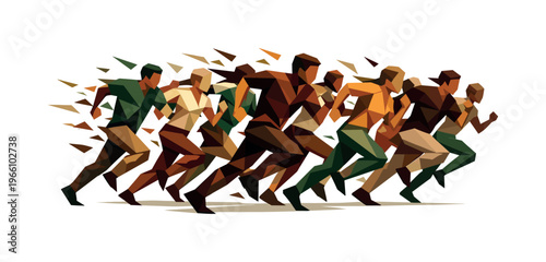 Urgent Motion Escape. Low-poly vector illustration of a crowd of people running forward in escape, multiple faceted human figures