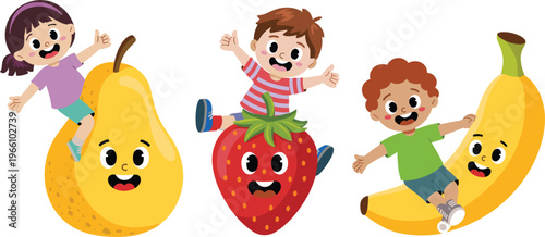 Happy kids playing on cute fruit characters including pear, strawberry, and banana showing fun, health, and playful childhood imagination