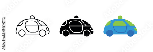 Set of three icons representing autonomous electric cars in different styles
