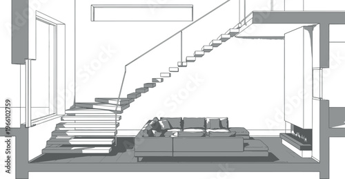 Architectural cross section rendering showcasing a modern floating staircase design above a contemporary sectional sofa and fireplace