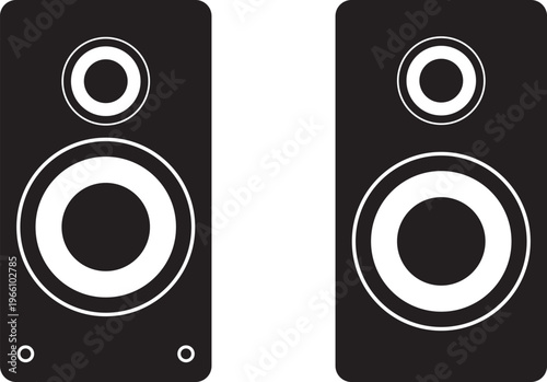 Minimalist black and white illustration of two modern speaker systems representing audio technology and sound equipment