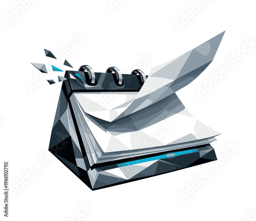 Low-poly vector illustration of a calendar page being lifted just before tearing, angular paper sheet bending upward from a