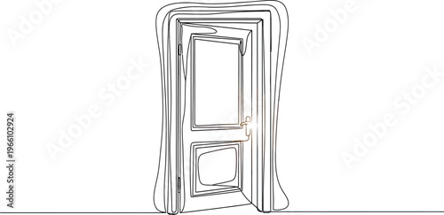 Continuous line art drawing of an open door with bright light shining from behind, symbolizing new opportunities, a fresh beginning, and future possibilities.
