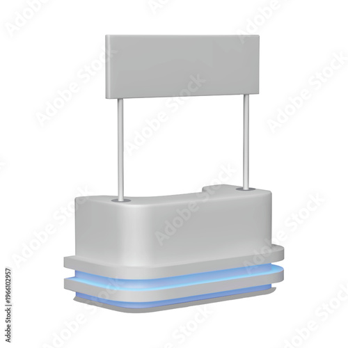 Advertising promo booth stand, service desk, presentation kiosk with signboard and led illumination vector 3D mockup