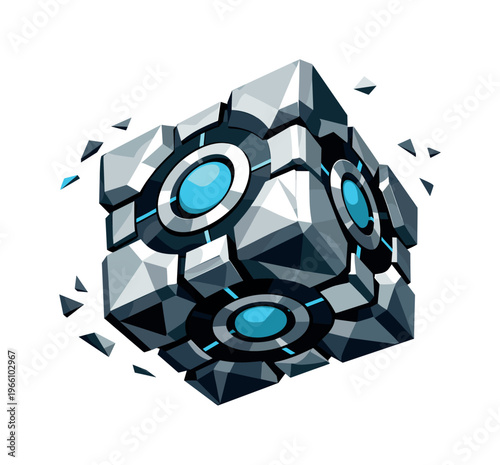 Low-poly vector illustration of a portal cube beginning to rotate in space, angular faceted cube tilted slightly on its axis with