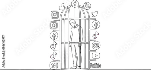 Depressed young man trapped inside a birdcage surrounded by popular social media application icons illustrating digital addiction and isolation.