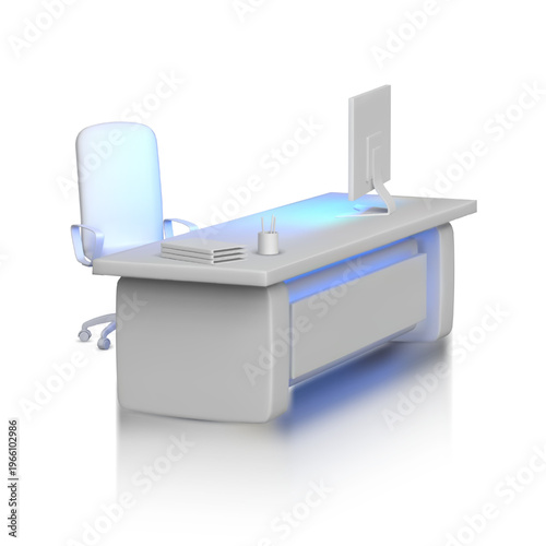 Service desk, office desktop, working place with computer and chair 3Dvector mockup, white table with led illumination