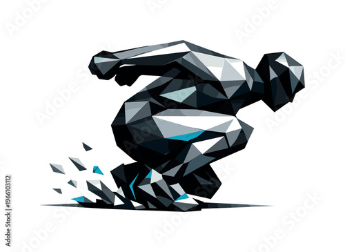 Low-poly vector illustration of a shadow silhouette crouched just before a leap, angular human figure compressed into a faceted