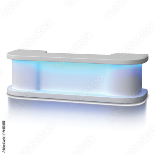 Service desk vector 3D mockup, promotional counter, presentation table reception curved furniture with led illumination