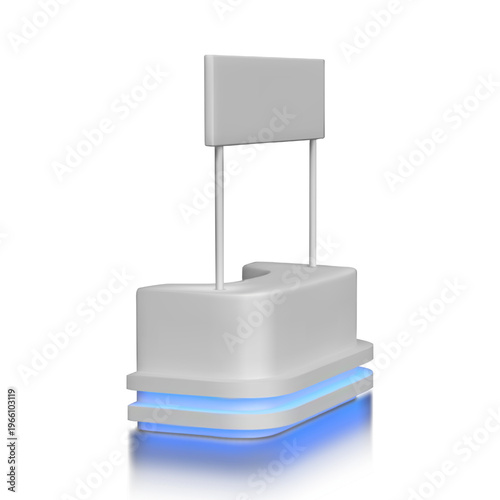 Advertising and promo booth stand, service desk vector 3D mockup, portable kiosk with signboard, led illumination