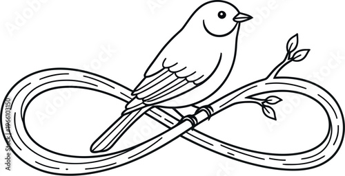 Charming line art illustration of a small bird perched serenely on an elegant infinity symbol branch, representing nature's endless beauty and tranquility in a minimalist design.