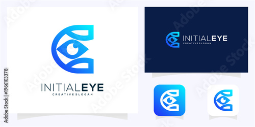 Minimal letter C or E initial with Eye logo design idea. Abstract vision monogram outline gradient icon symbol.