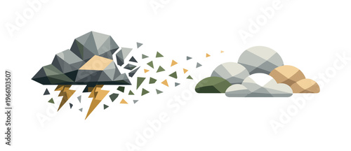 Low-poly vector illustration of storm fragments settling into calm cloud shapes, angular cloud polygons smoothing while