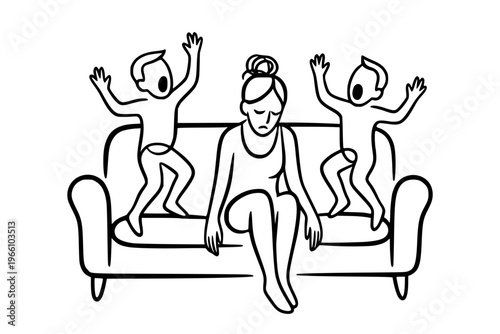 Tired adult sitting on sofa with active children drawn in clean line style on white background, Concept of maternal and parental burnout