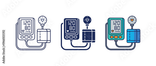 Digital blood pressure monitor icons showing 120 over 80 readings