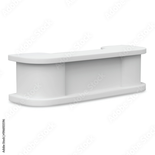 Service desk table realistic vector 3D mockup, promotional counter, presentation curved table reception office furniture