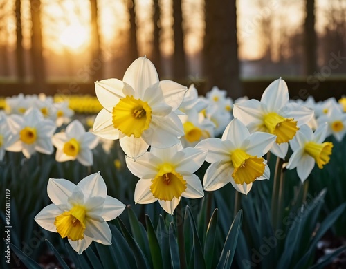 Narcissus flowers grow in a flowerbed as the sun sets. The bright colors of the flowers stand out against the trees in the background, creating a vibrant scene Generative AI