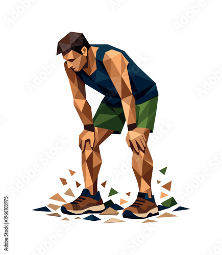 Low-poly vector illustration of a runner stabilizing after a night training sprint, angular faceted body upright with crisp