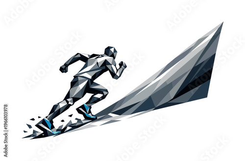 Low-poly vector illustration of a runner approaching a sand dune slope, angular faceted body leaning into the incline with