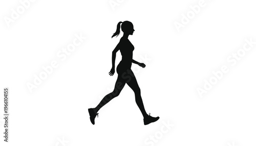 Athletic female silhouette jogs forward wearing sneakers against a clear white background for fitness.
