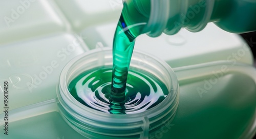 Bright green liquid coolant or antifreeze being poured into a translucent white plastic reservoir tank