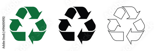 Recycle symbol set, recycling arrows icons, environmental sustainability symbols, eco conservation signs, waste reduction concept, clean vector design elements for branding, packaging labels, and gree