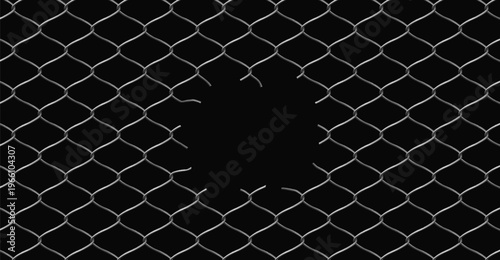 Broken wire net fence vector realistic illustration, steel chain link fence lattice with torn metal damaged barrier hole