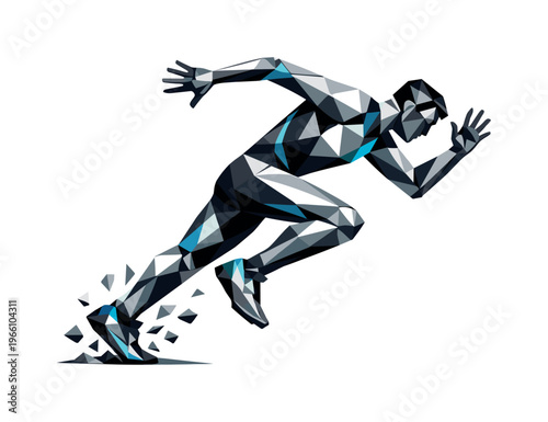 Low-poly vector illustration of a runner launching into the first moments of a jump, angular faceted body tilting forward with