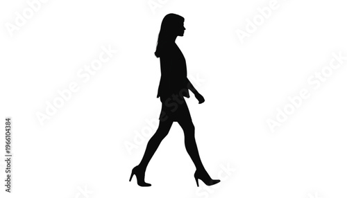 Businesswoman silhouette walks forward with determined posture wearing professional attire on a white void.