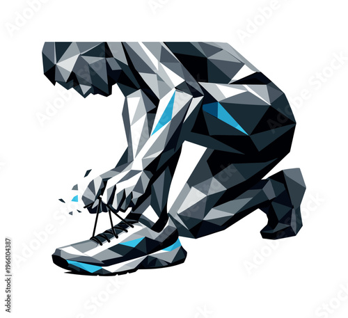Low-poly vector illustration of a runner reaching toward the shoe to adjust the lace, angular faceted body leaning forward with